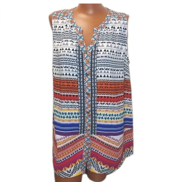 John Mark Boho Tunic Top Large Aztec Gauzy Embroidered Floral Striped Button - Picture 12 of 12